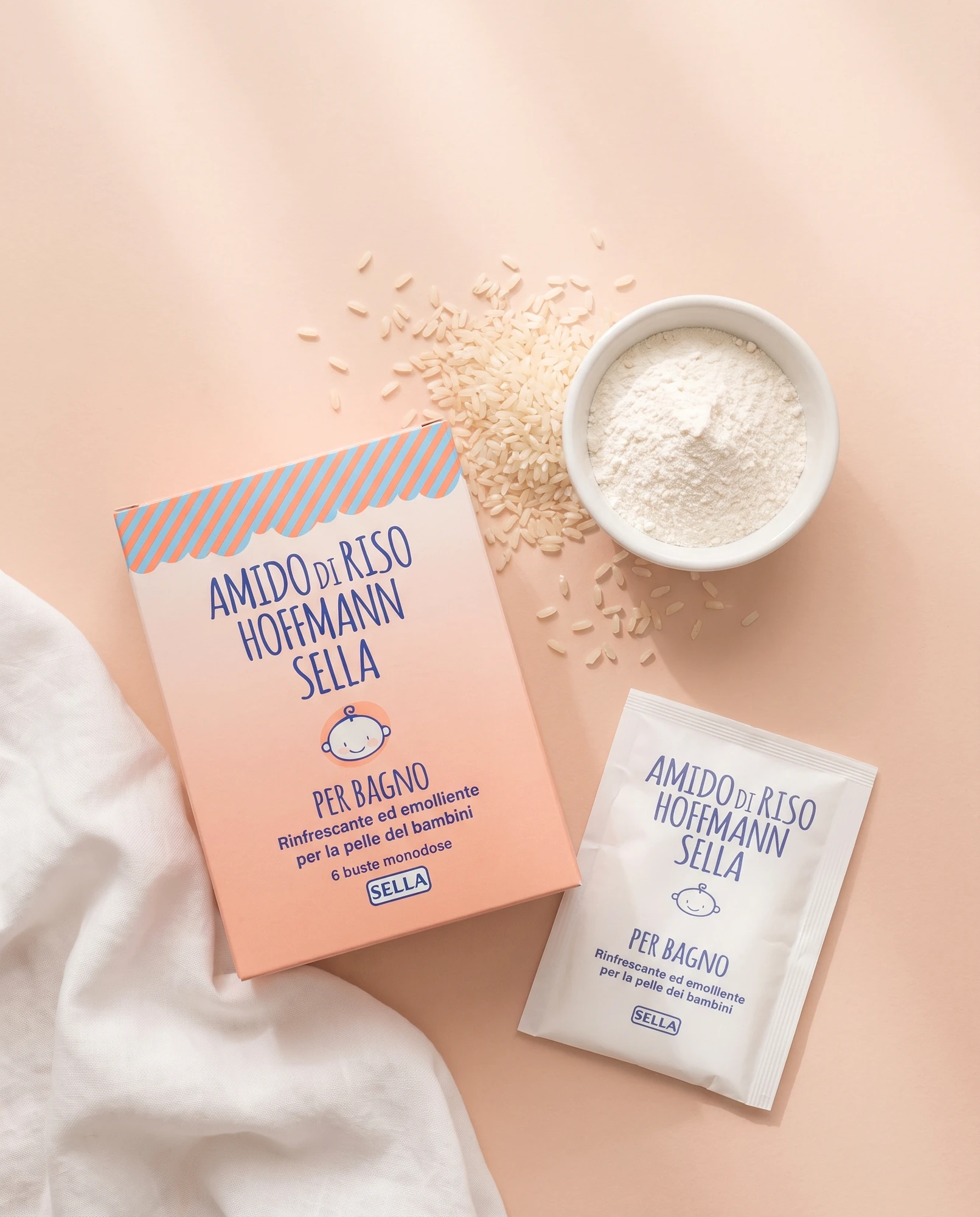 Pack and sachet of Amido di Riso Hoffmann Sella bath starch with a bowl of starch and grains of rice