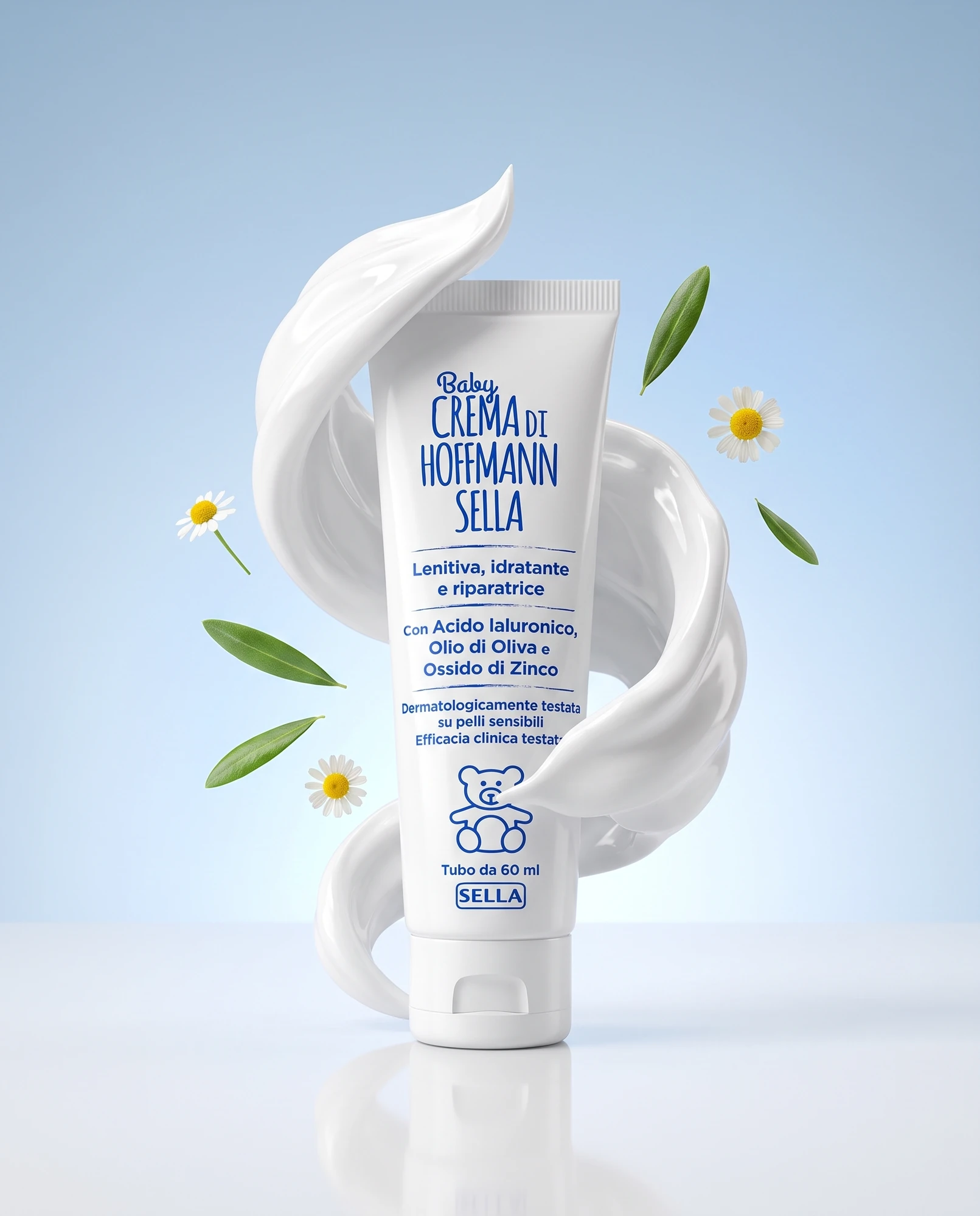 Tube of Baby Crema di Hoffmann Sella surrounded by a spiral of white cream, chamomile and olive leaves