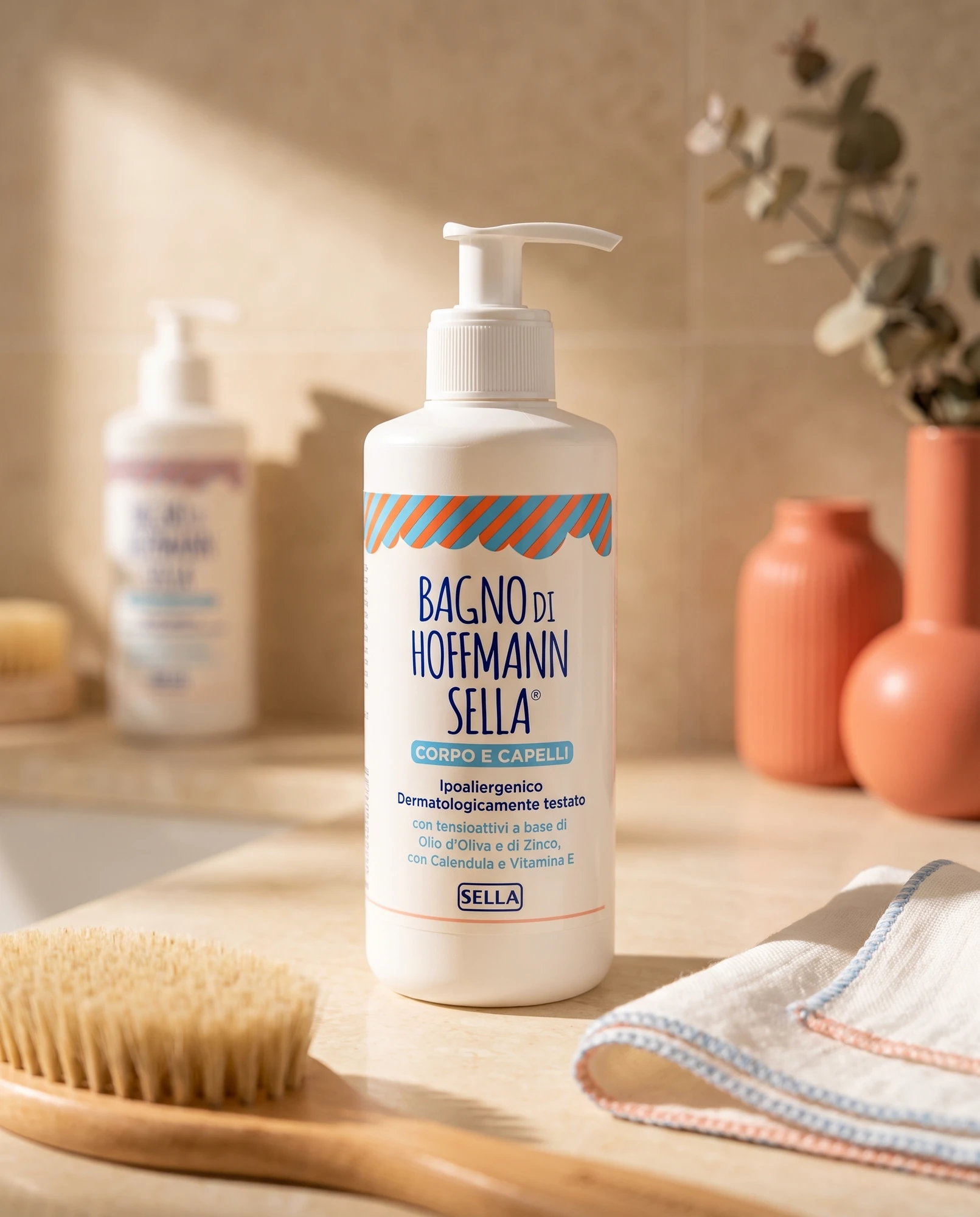 Bottle of Bagno di Hoffmann Sella in a bright bathroom with a wooden brush and terracotta pots