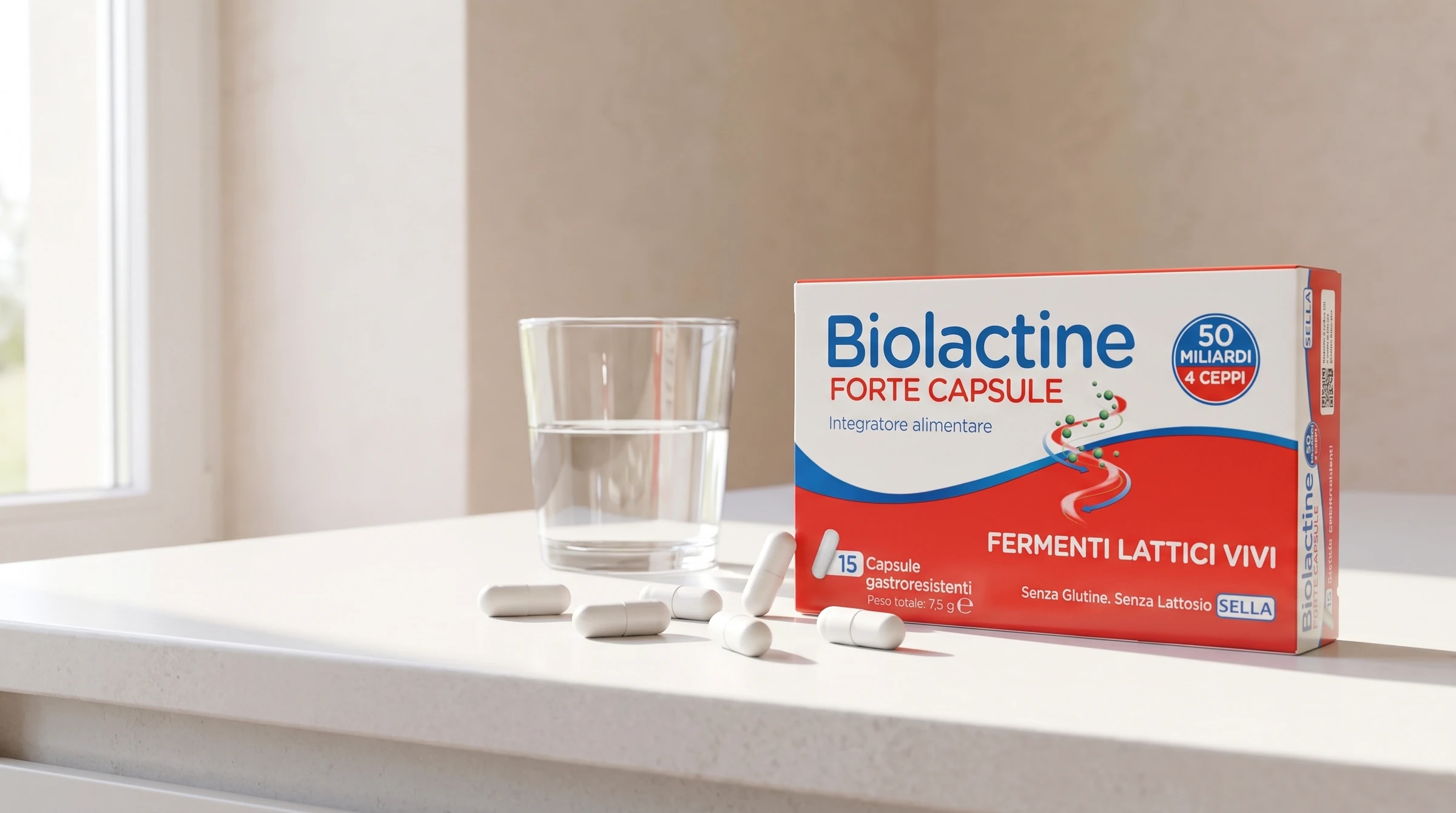 Pack of Biolactine Forte Capsule with live probiotic capsules and a glass of water