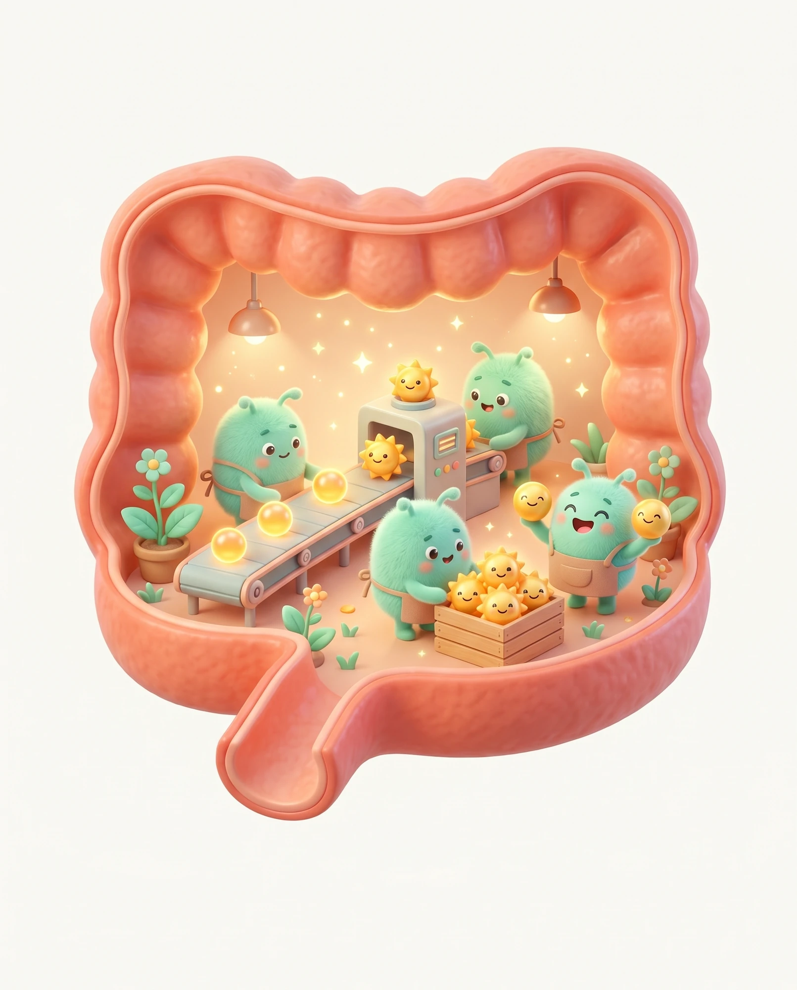 3D illustration of an intestine with friendly bacteria working on a conveyor belt