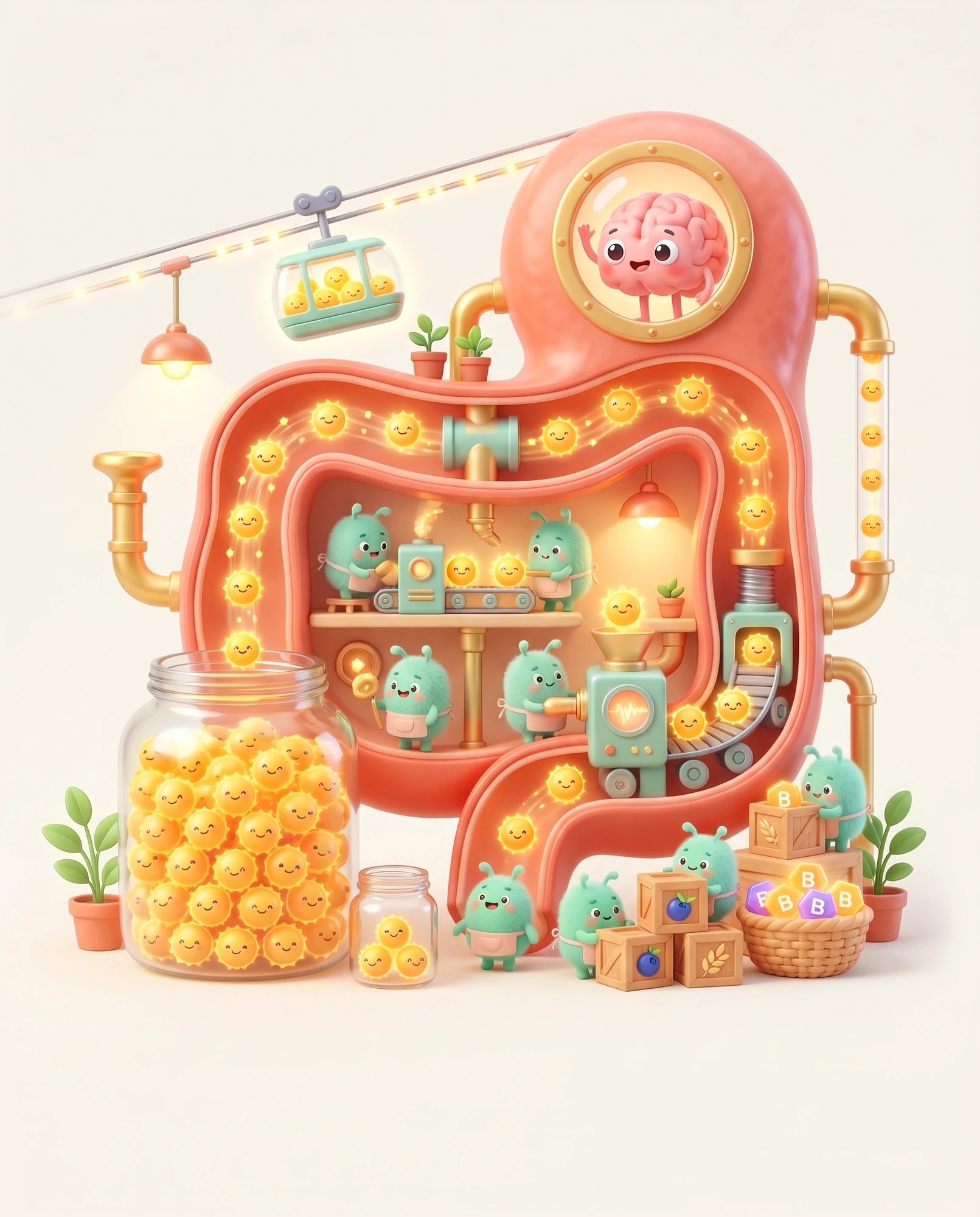 3D illustration of an intestine as a factory, with a brain, a jar of probiotics and crates of vitamins
