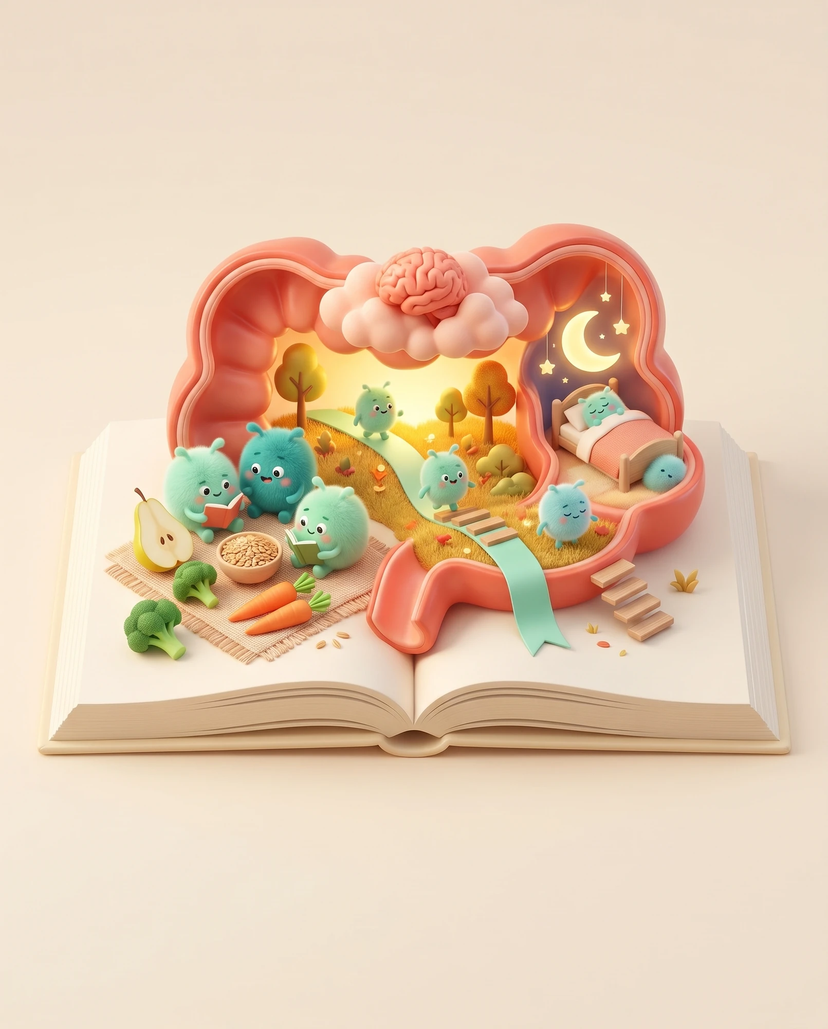 3D illustration of an intestine on an open book with beneficial bacteria, vegetables and a brain on a cloud