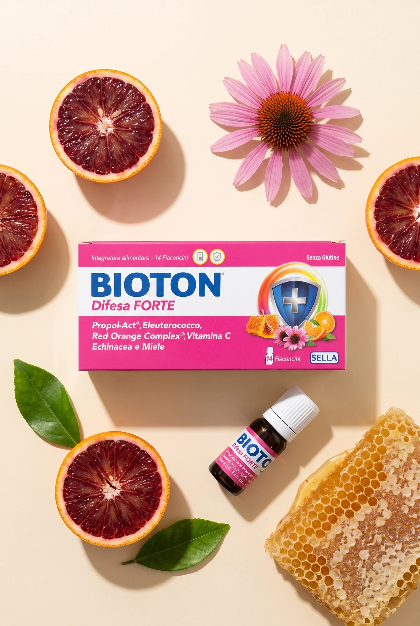 Pack of Bioton Difesa Forte vials with blood oranges, echinacea and honeycomb against a peach background