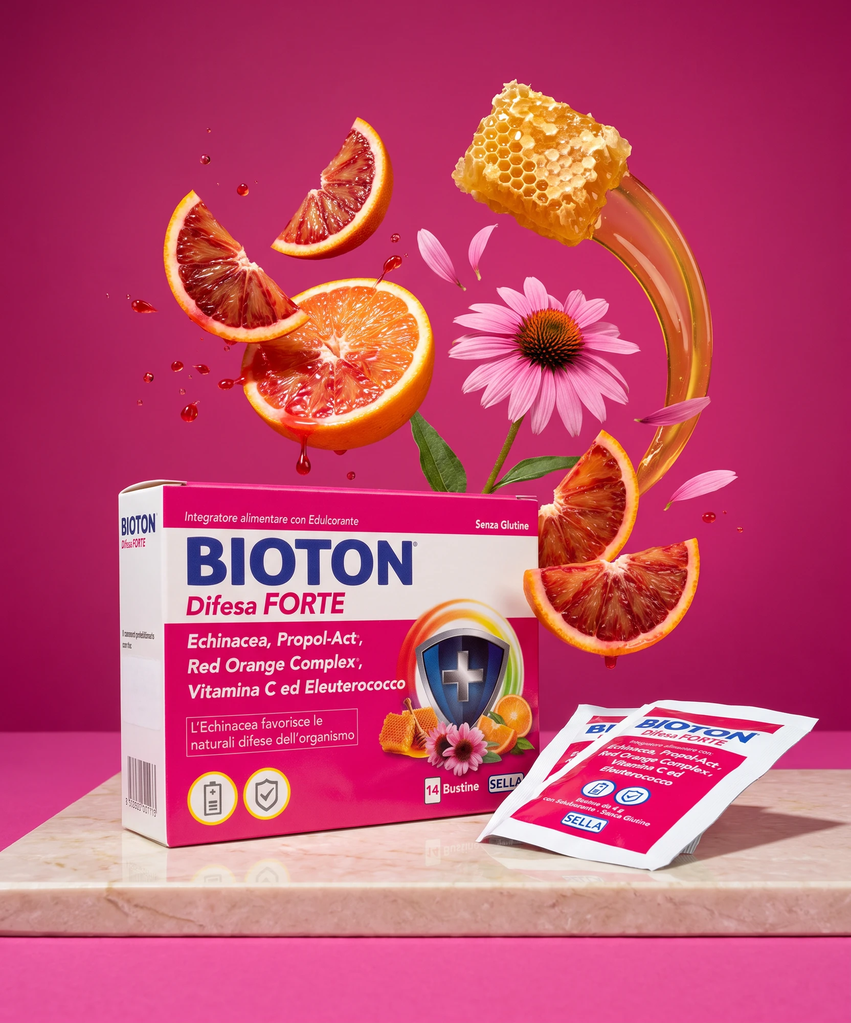 Pack and sachets of Bioton Difesa Forte with blood oranges, echinacea and honey against a magenta background