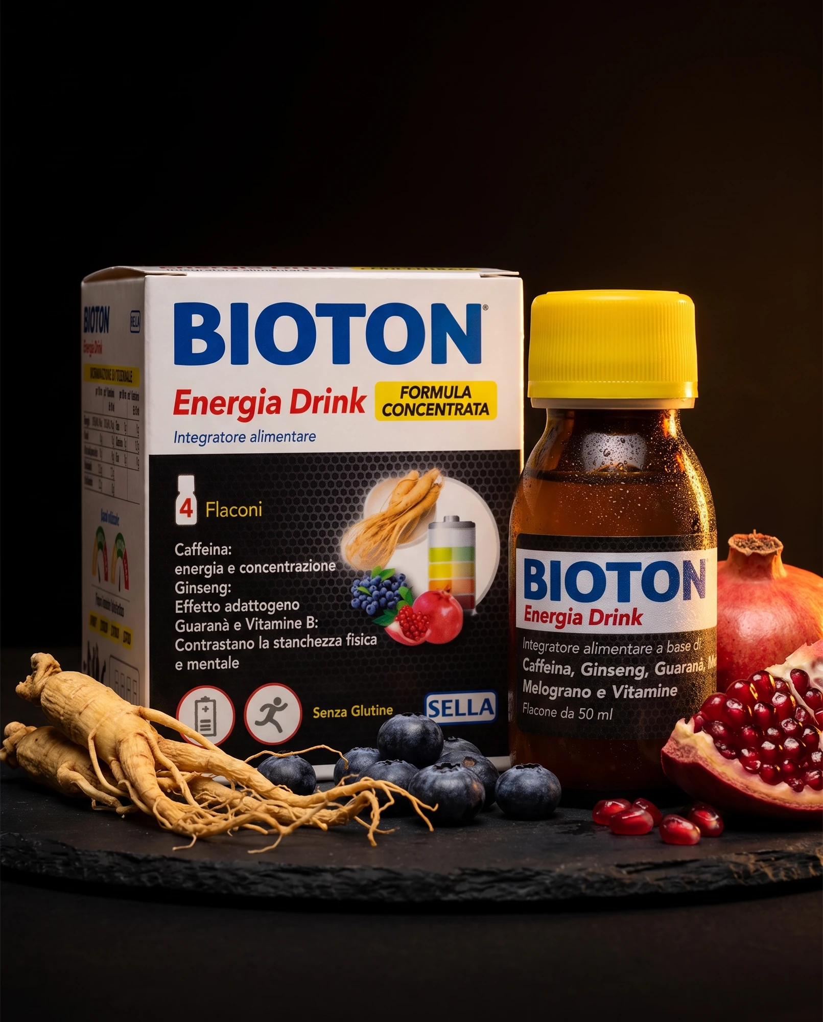 Pack and vial of Bioton Energia Drink with ginseng root, blueberries and pomegranate on dark slate