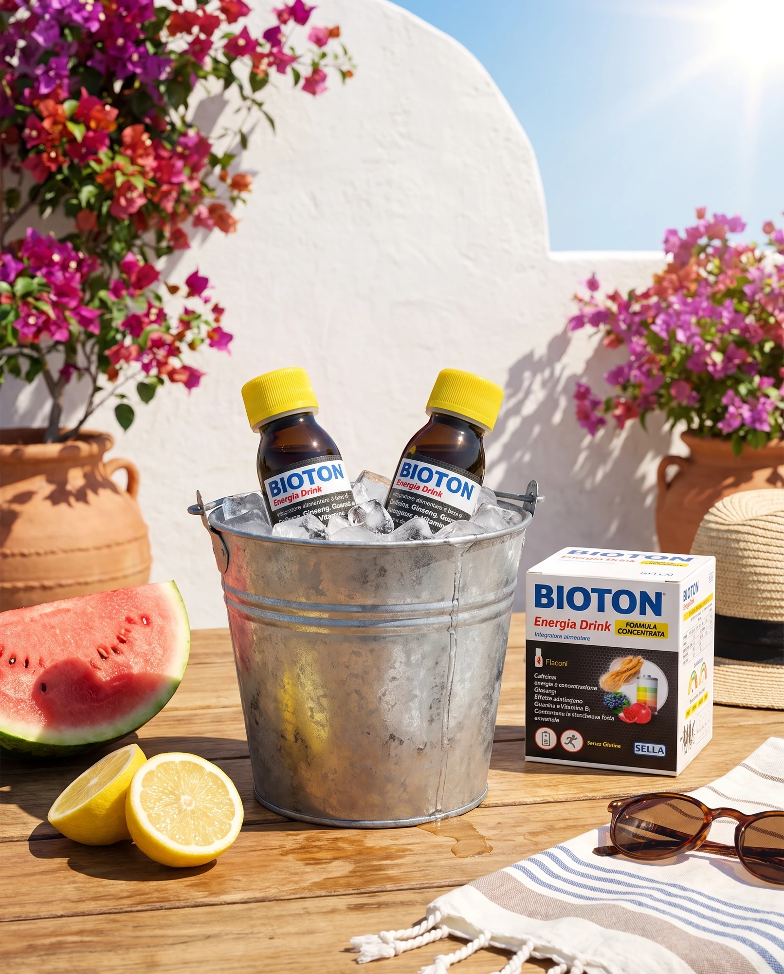 Bioton Energia Drink vials in an ice bucket on a summer table with watermelon and lemon