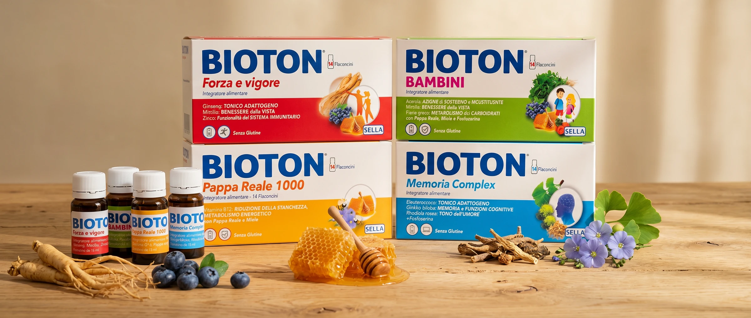 Sella Bioton range: Forza e vigore, Bambini, Pappa Reale 1000 and Memoria Complex with vials, ginseng, blueberries and honey