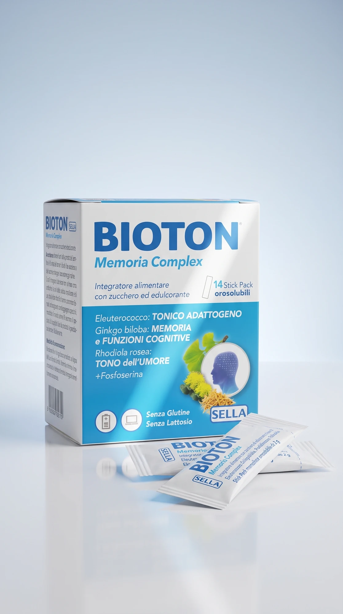 Pack of Bioton Memoria Complex with stick-pack sachets on a glossy white surface