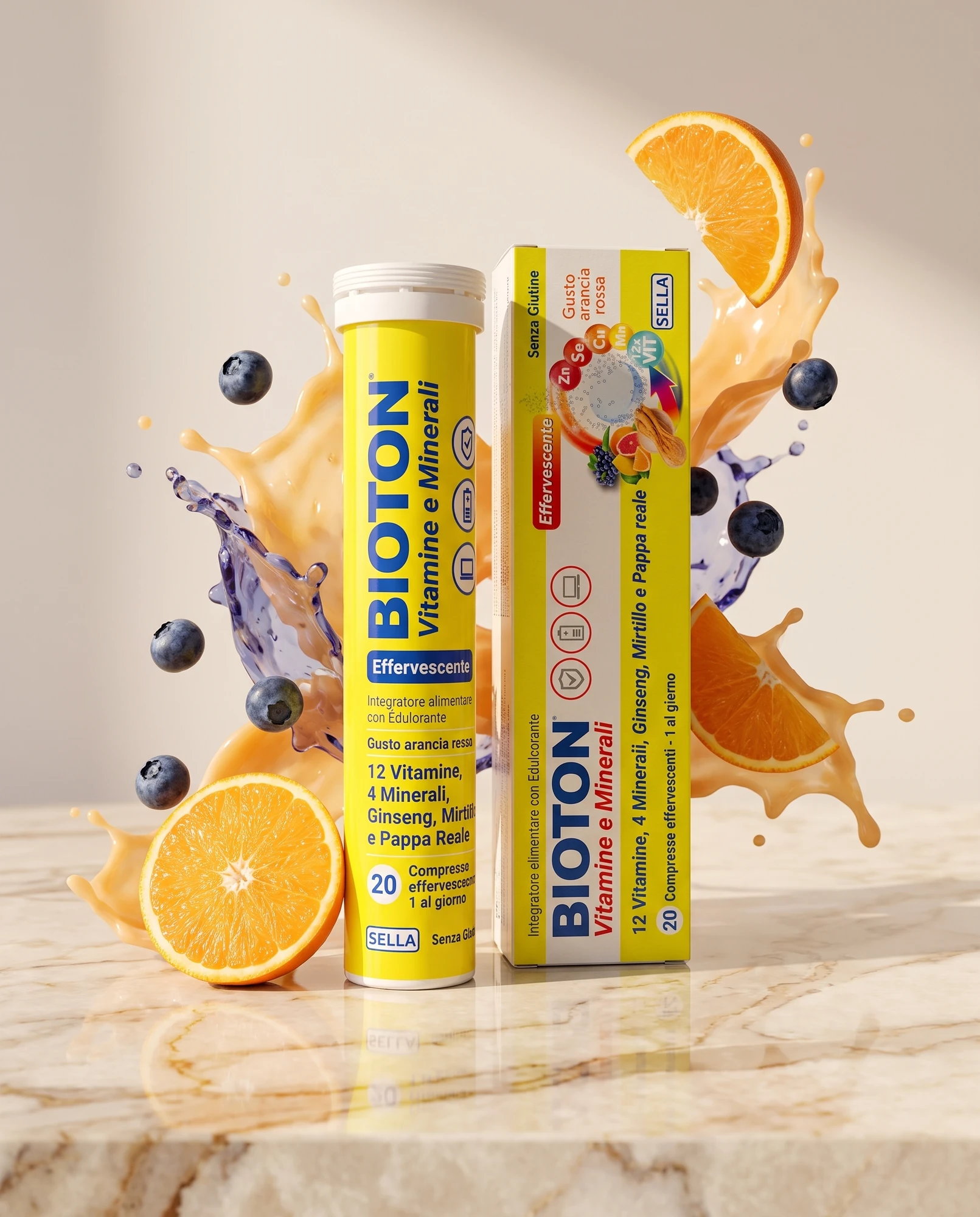 Tube and pack of effervescent Bioton Vitamine e Minerali with oranges, blueberries and a splash of juice