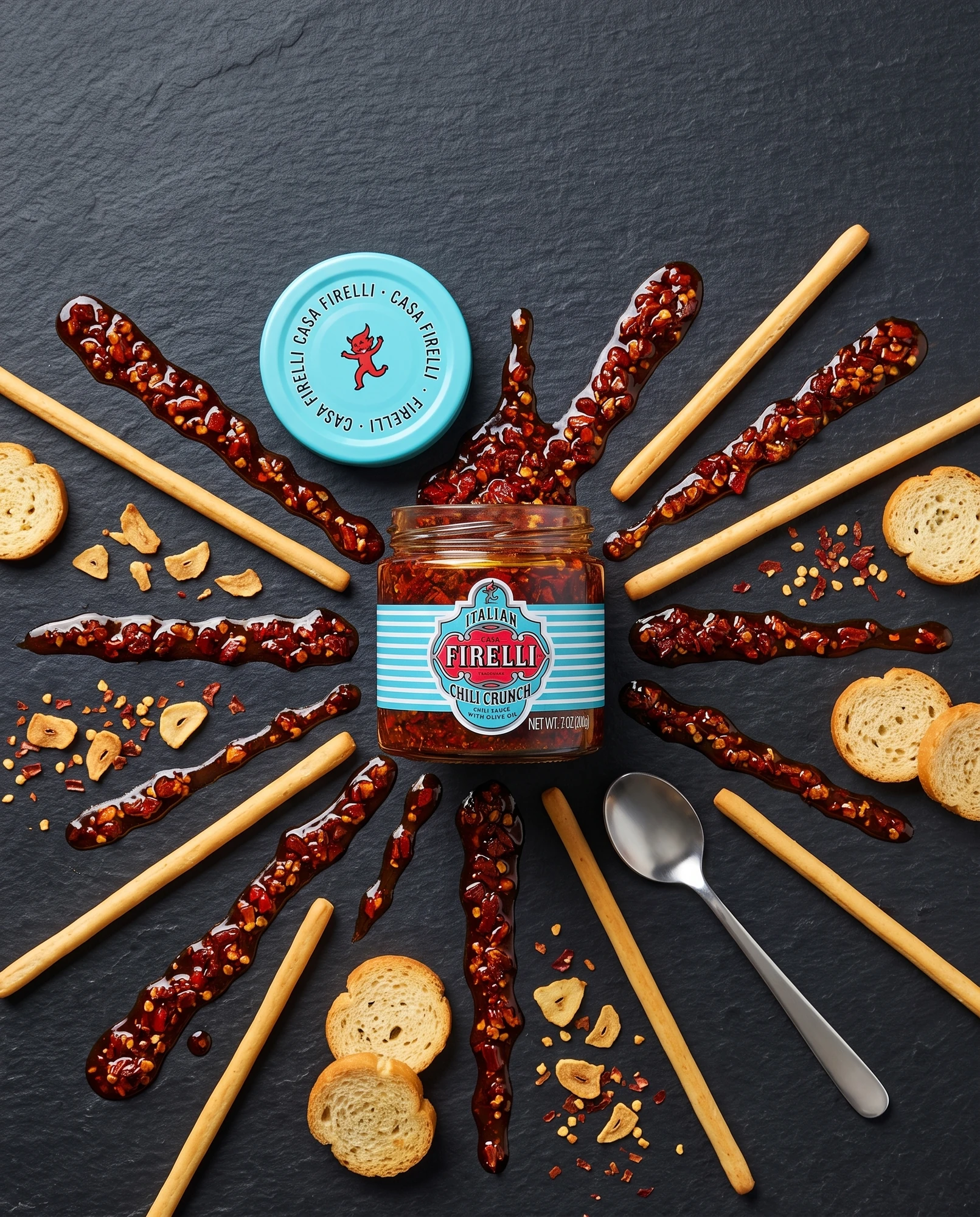 Jar of Casa Firelli Chili Crunch among strips of chilli crunch, breadsticks and crostini on slate