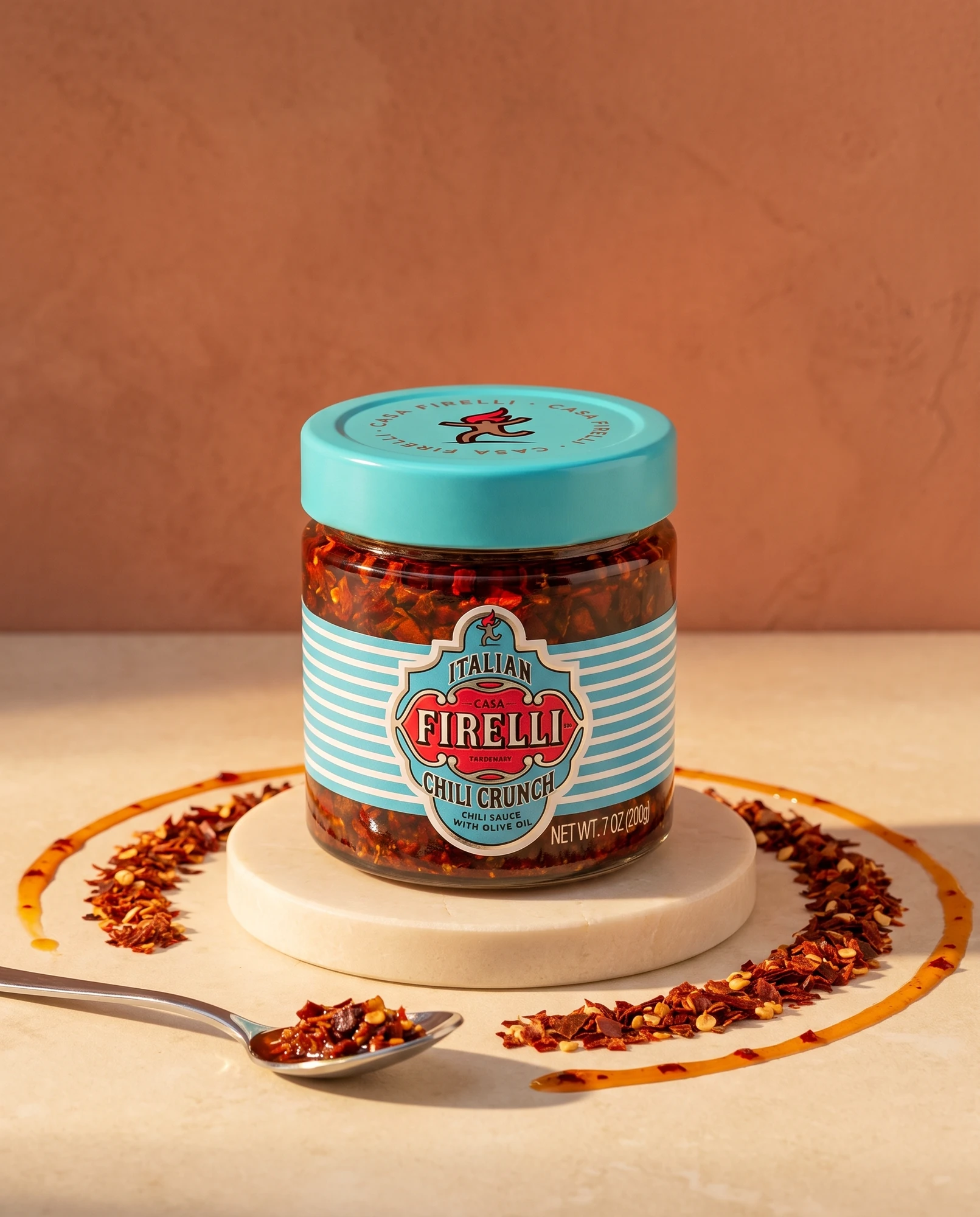 Jar of Casa Firelli Chili Crunch on a marble stand with a spoon, chilli flakes and oil