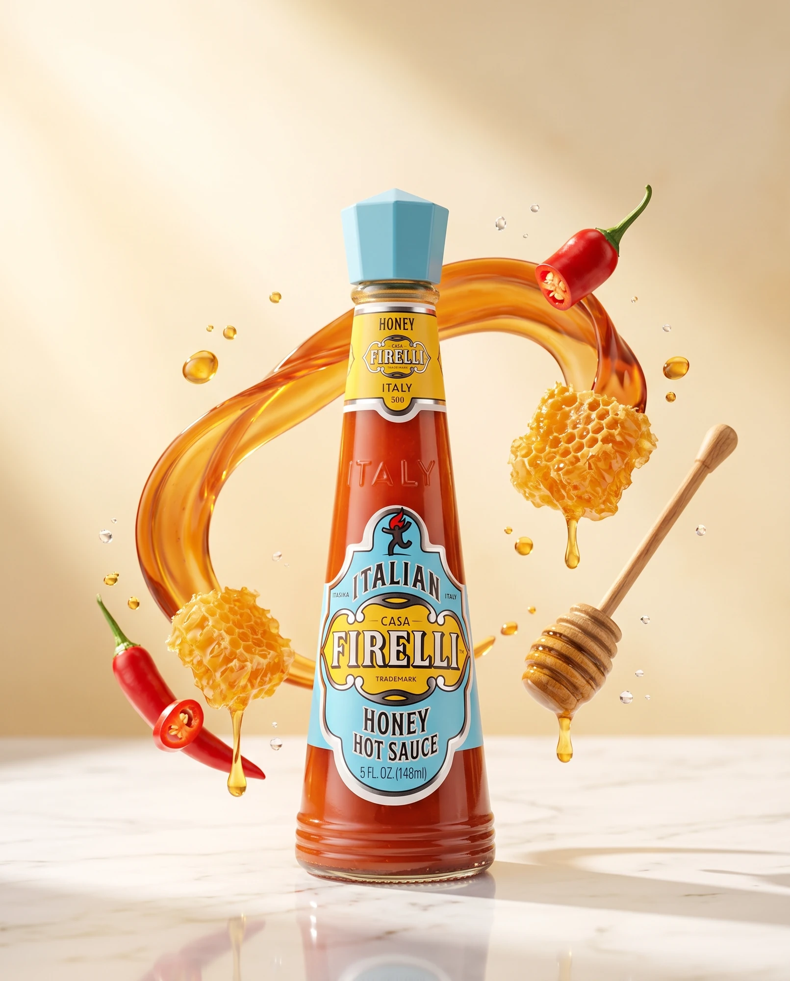 Bottle of Casa Firelli Honey Hot Sauce with a spiral of honey, honeycomb, chillies and a measuring spoon