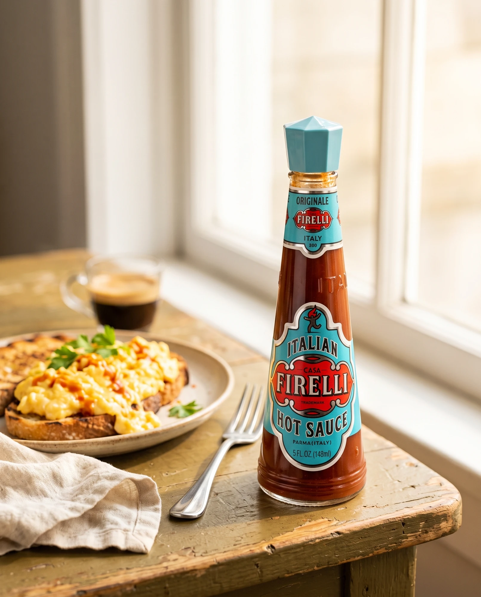 Bottle of Casa Firelli original Italian Hot Sauce beside scrambled eggs on toast near a window
