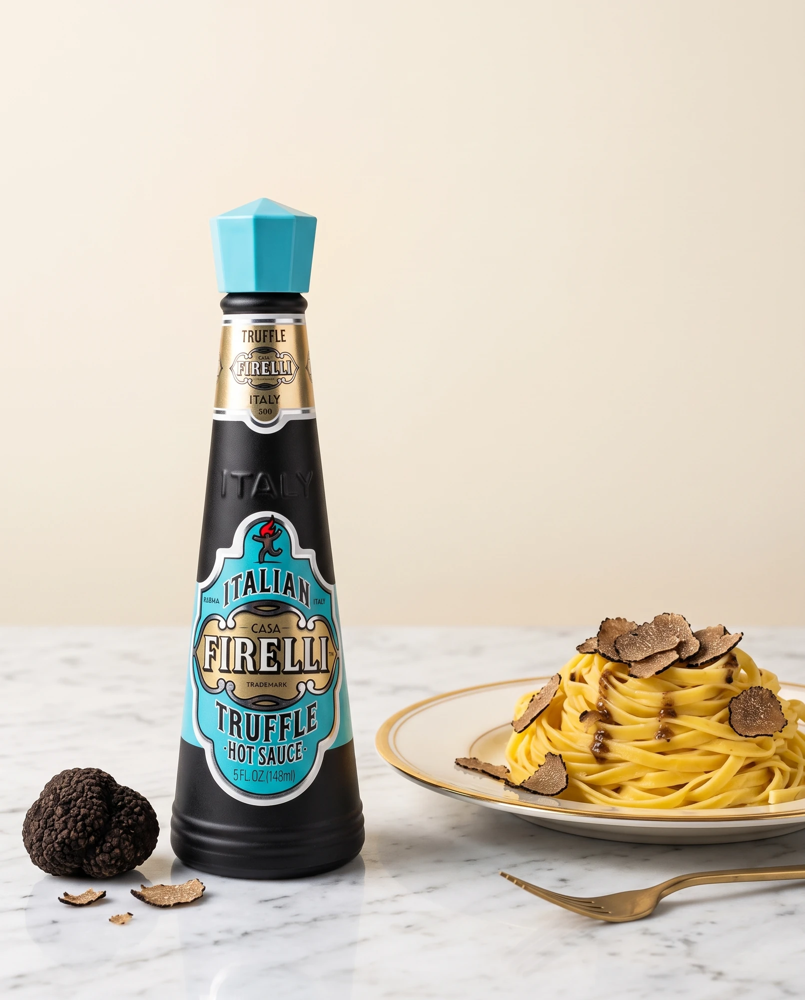 Bottle of Casa Firelli Truffle Hot Sauce with a black truffle and a plate of truffle tagliolini on marble