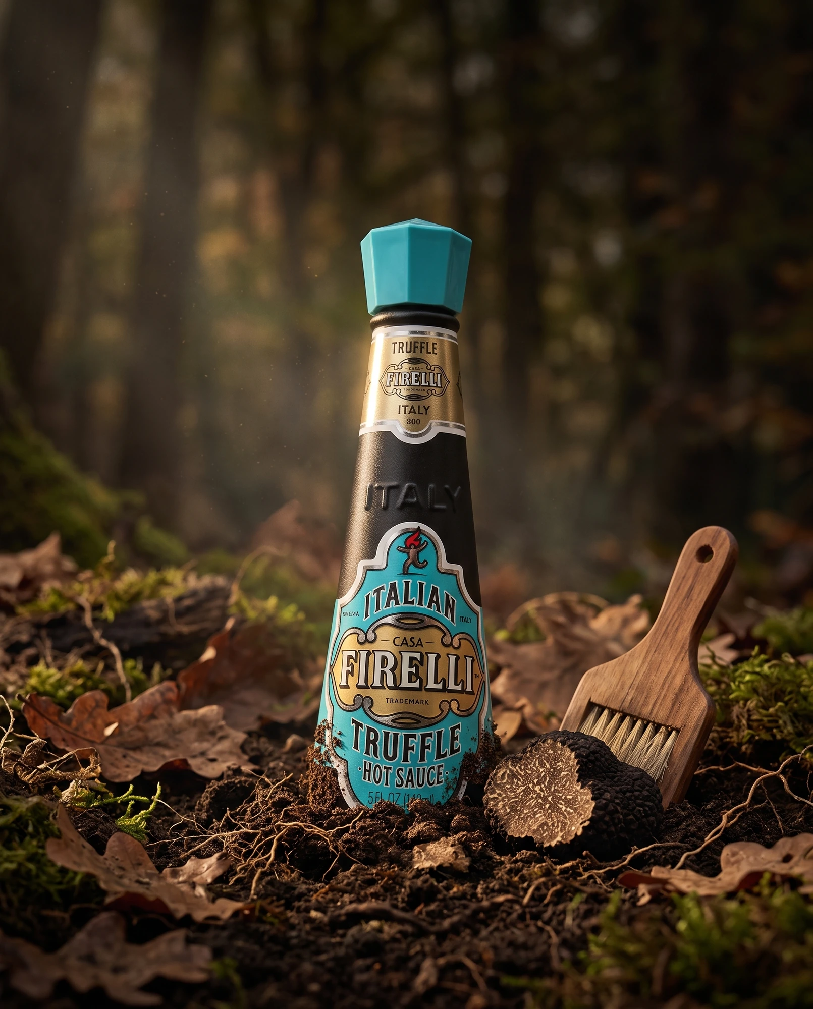 Bottle of Casa Firelli Truffle Hot Sauce on the forest floor with a black truffle, dry leaves and a small brush