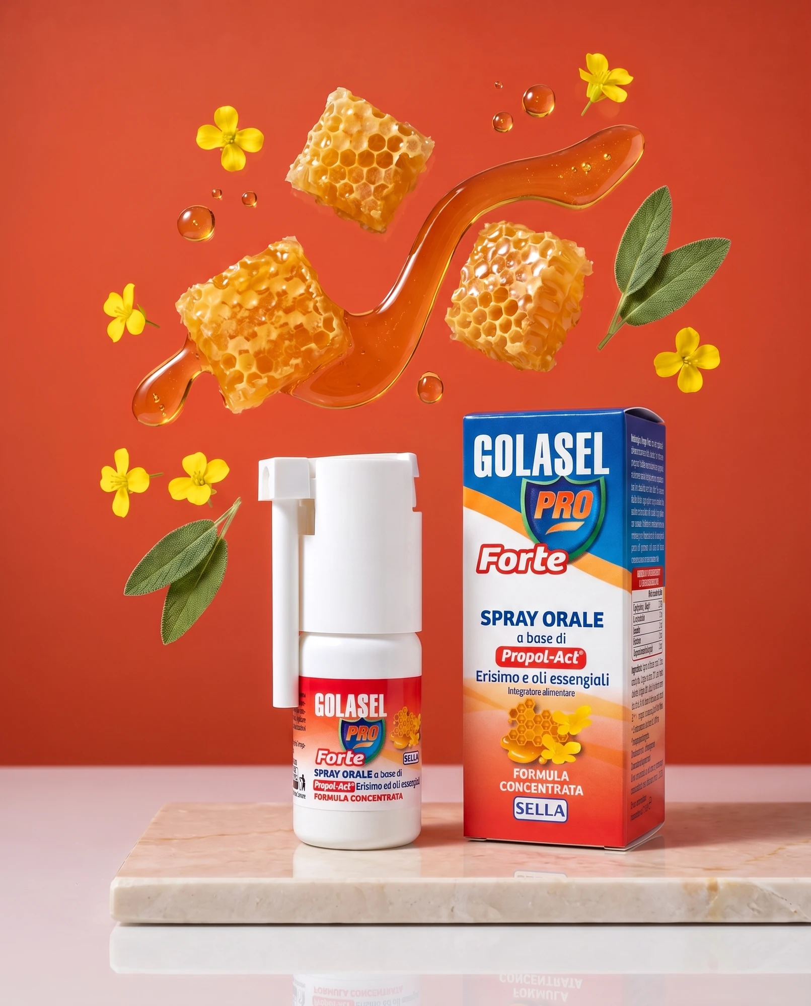 Golasel Pro Forte oral spray and pack with honeycomb, yellow flowers and sage leaves against an orange background