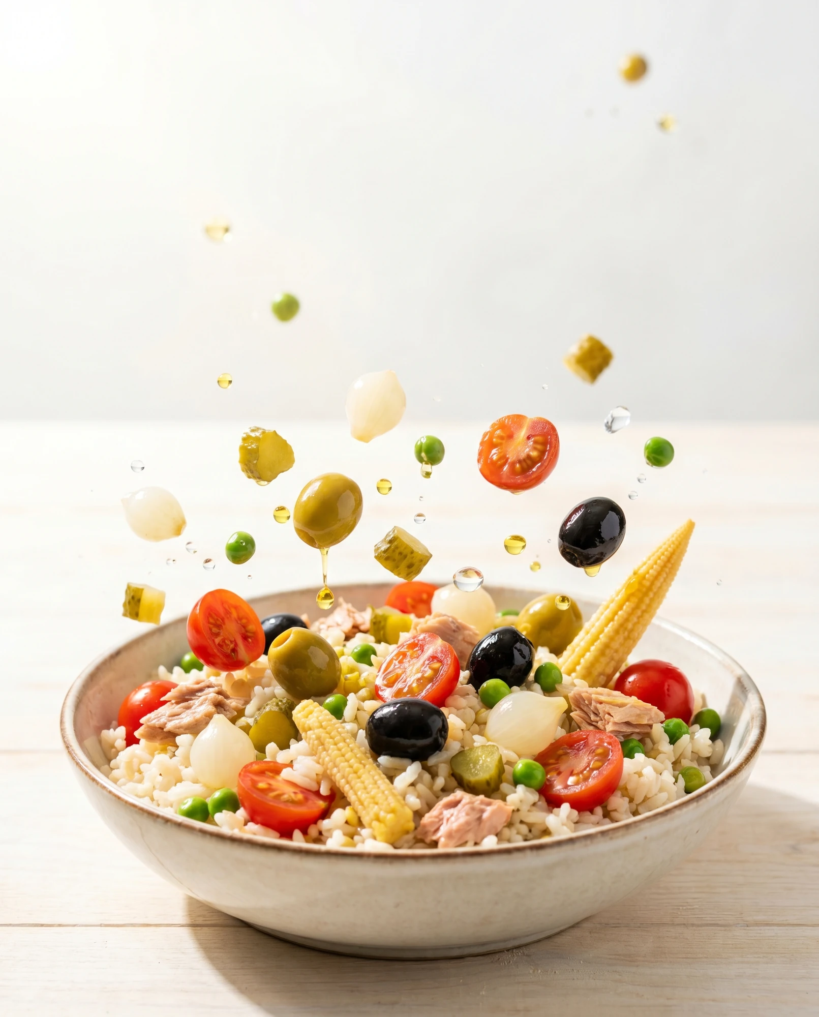 Bowl of rice salad with olives, small onions, sweetcorn, peas, cherry tomatoes and tuna, with ingredients floating in the air