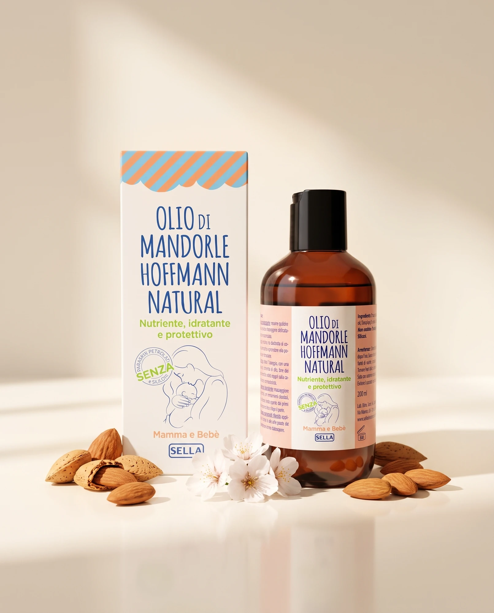 Pack and bottle of Olio di Mandorle Hoffmann Natural with almonds and almond blossom against a light background