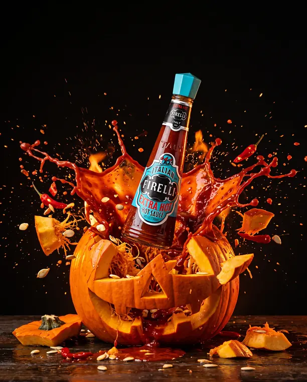 Bottiglia di Extra Hot Sauce Casa Firelli che esplode in schizzi di salsa da una zucca di Halloween intagliata