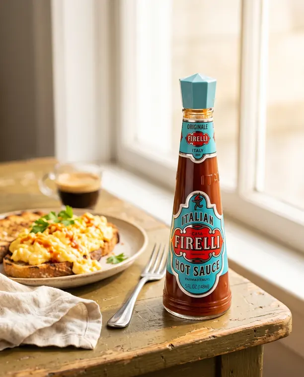 Bottiglia di Italian Hot Sauce originale Casa Firelli accanto a uova strapazzate su pane tostato, vicino a una finestra