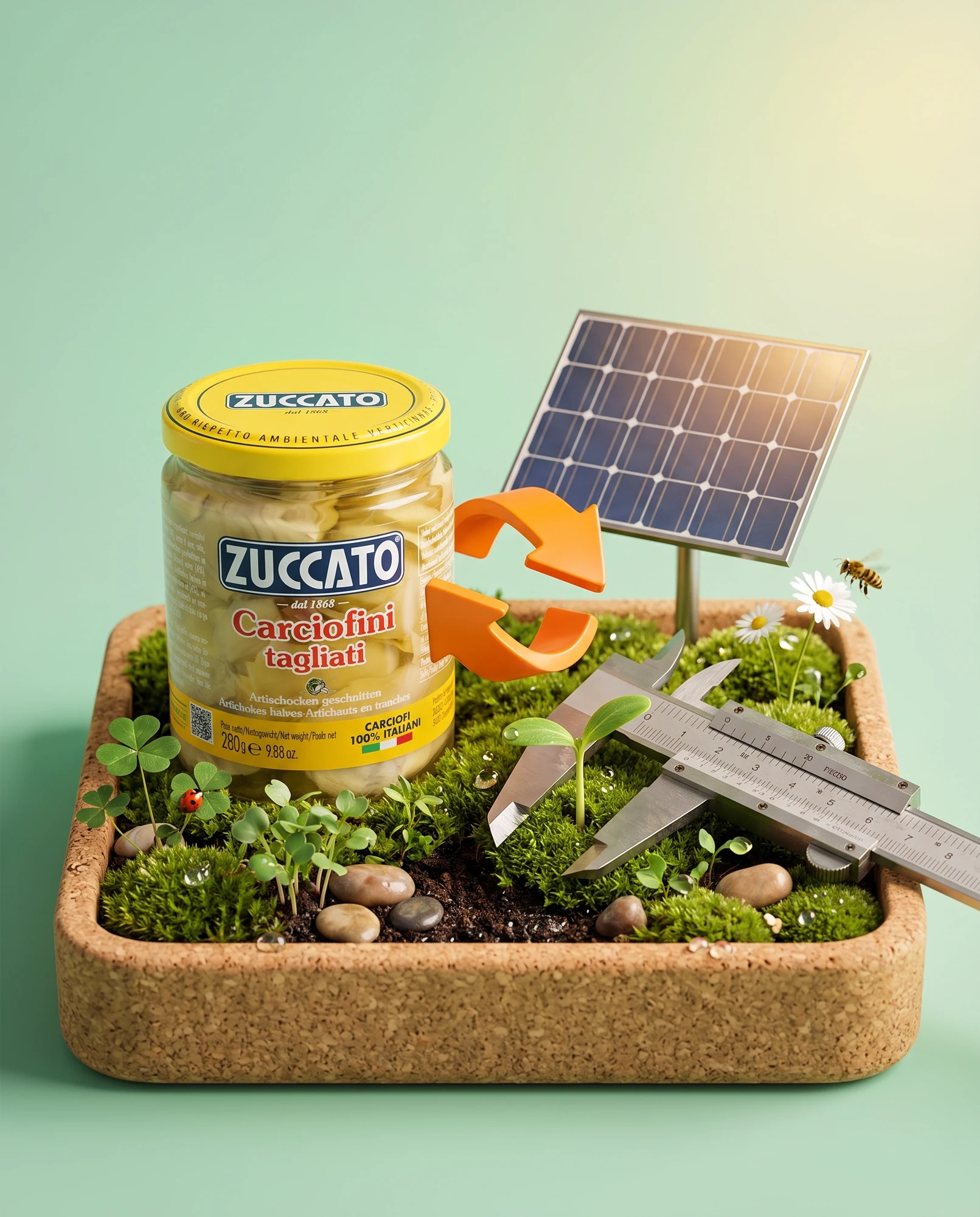 Jar of Zuccato Carciofini tagliati on a cork diorama with seedlings, a solar panel and a calliper