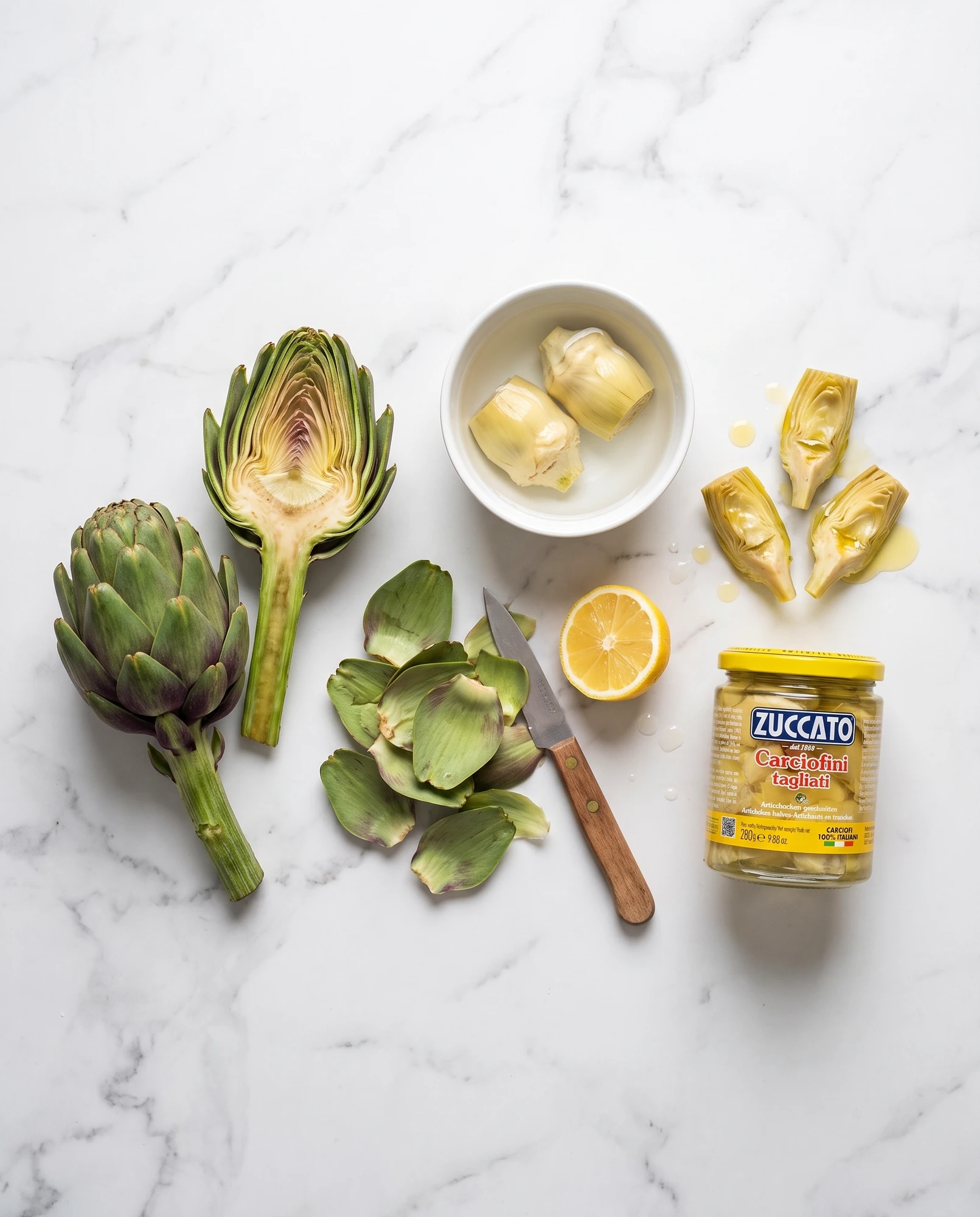 Fresh artichokes, a bowl of artichoke hearts, a lemon and a jar of Zuccato Carciofini tagliati on marble