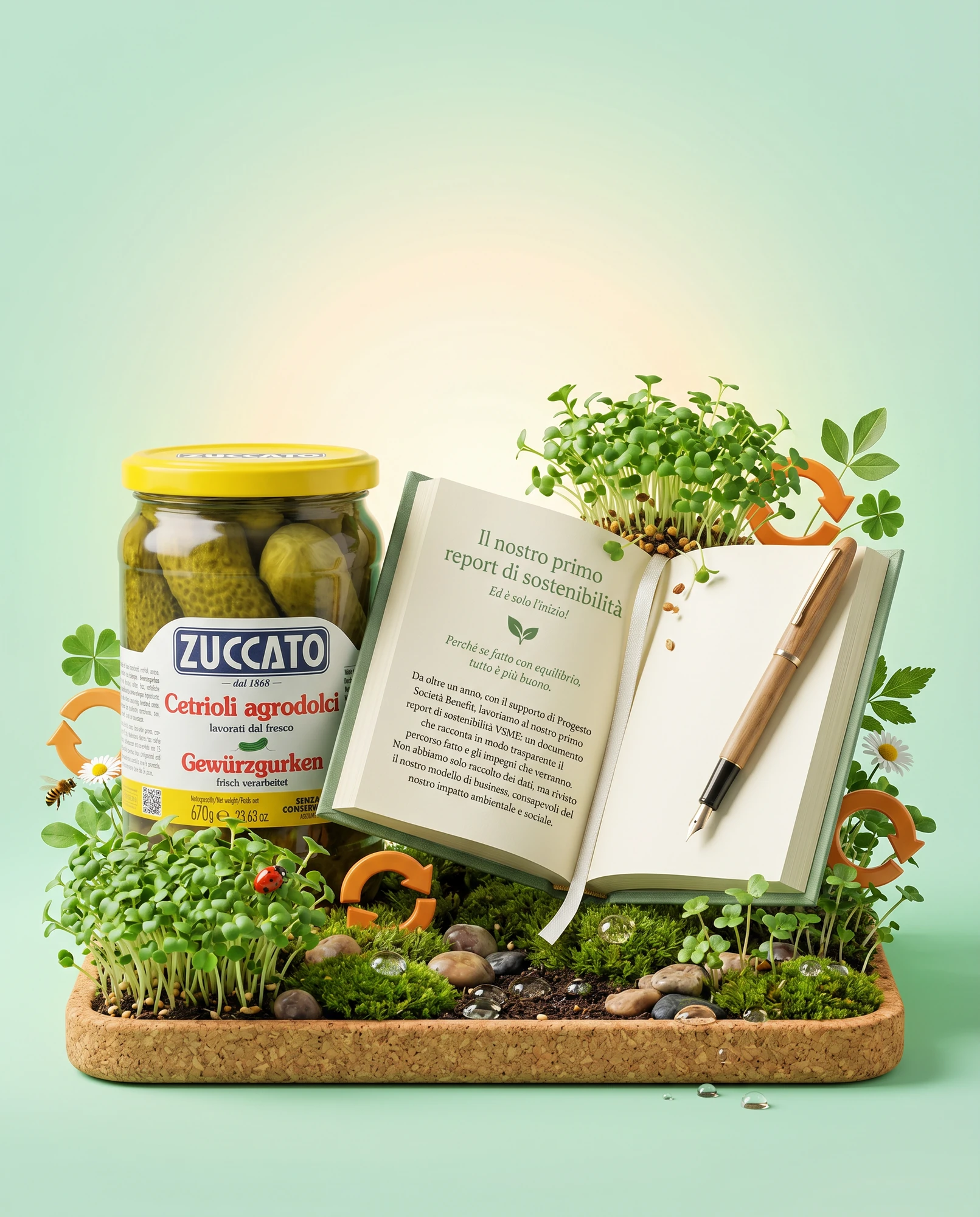 Jar of Zuccato Cetrioli agrodolci on a cork diorama with seedlings and an open sustainability report