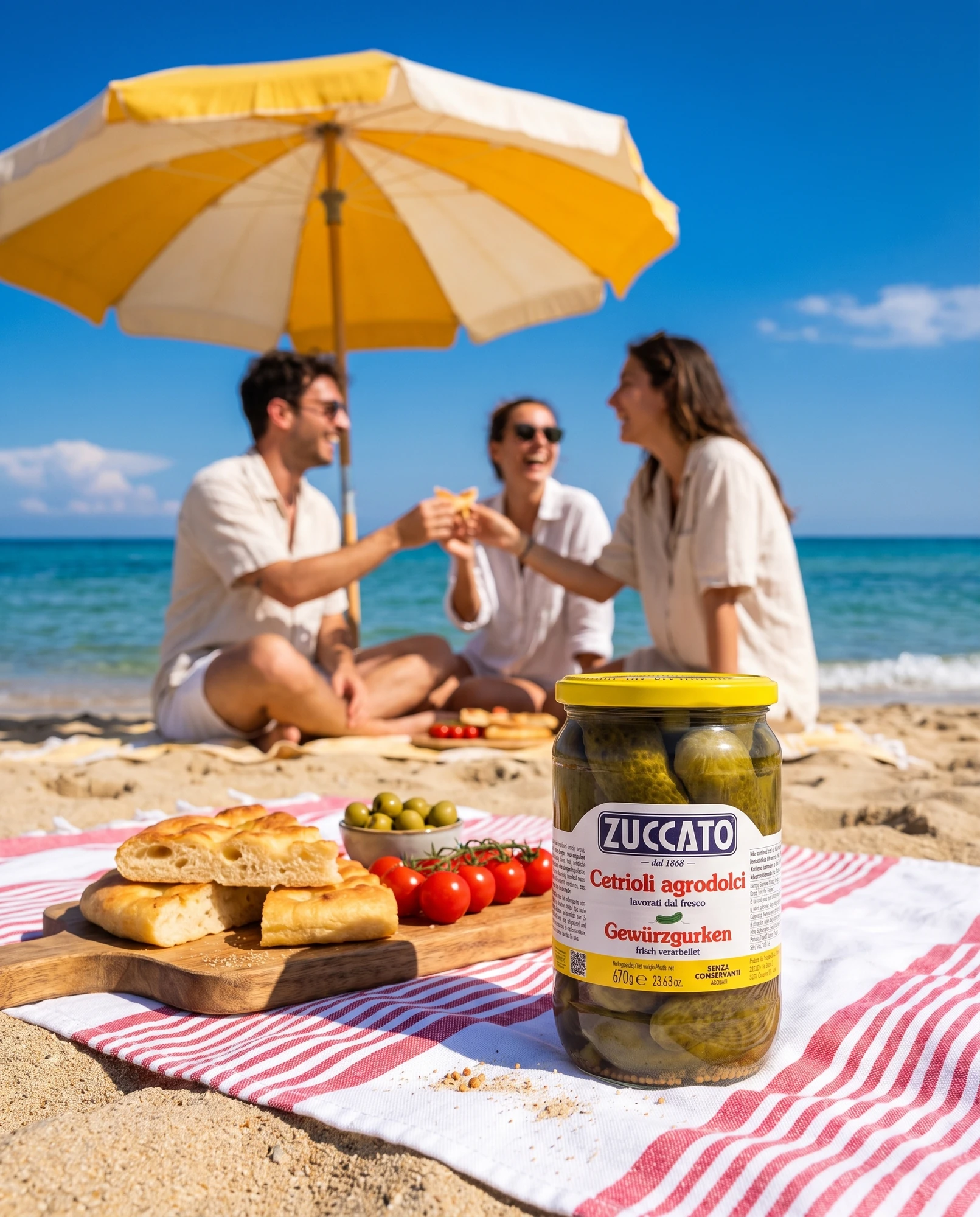 Jar of Zuccato Cetrioli agrodolci on a beach towel, with friends raising a toast and focaccia