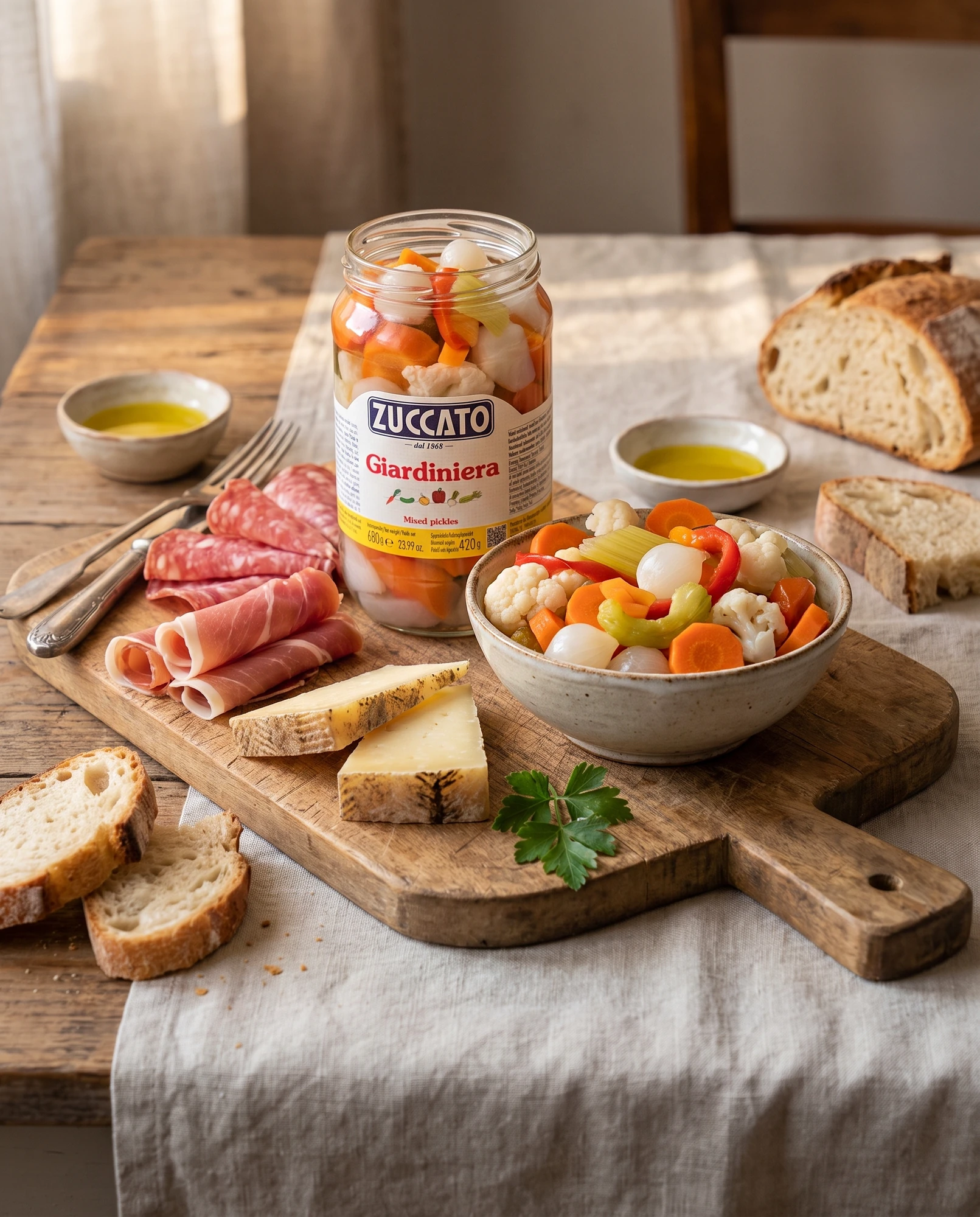 Jar of Zuccato Giardiniera on a board with cured meats, cheese and bread, beside a bowl of vegetables