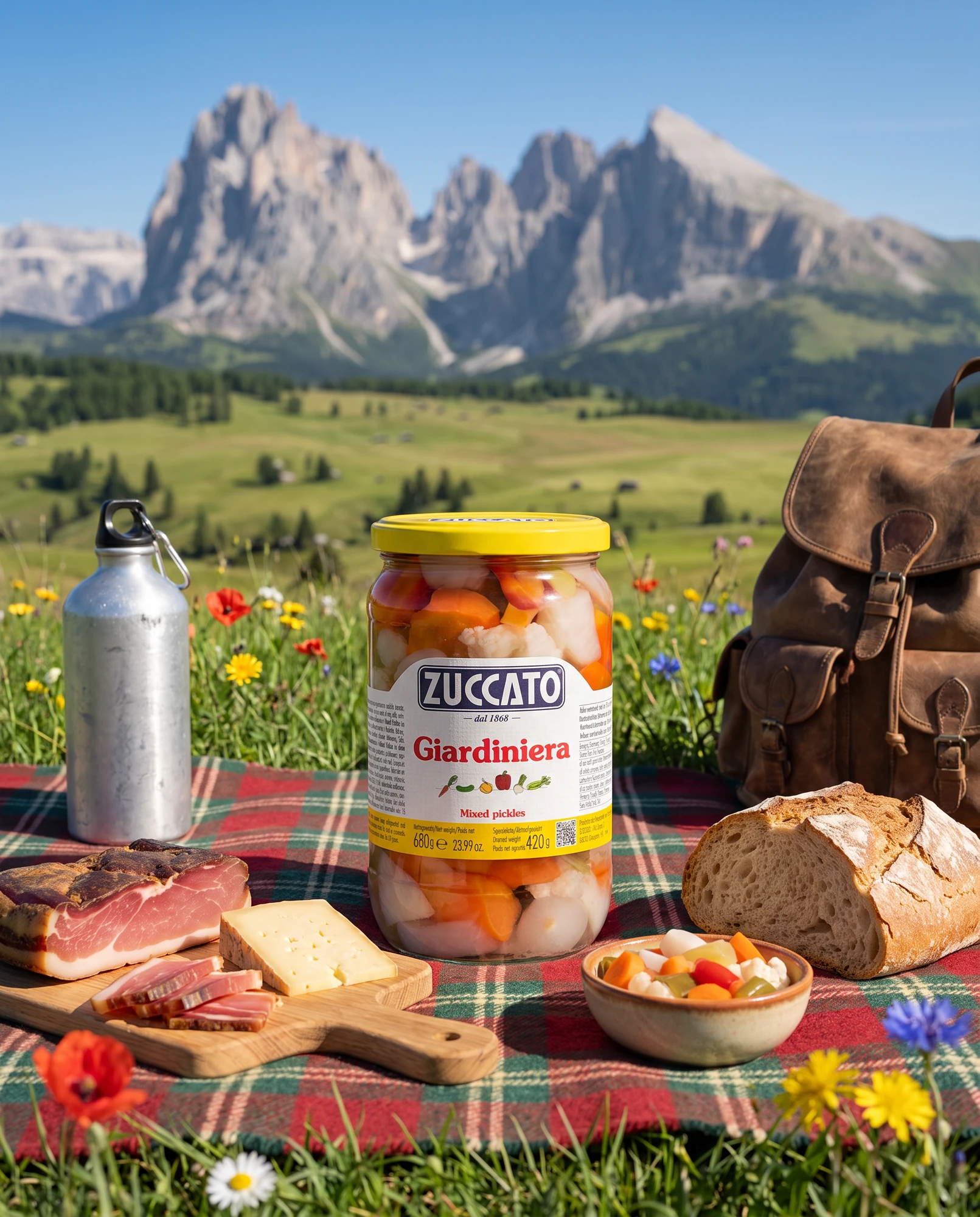 Jar of Zuccato Giardiniera on a checked blanket at a mountain picnic with speck and cheese
