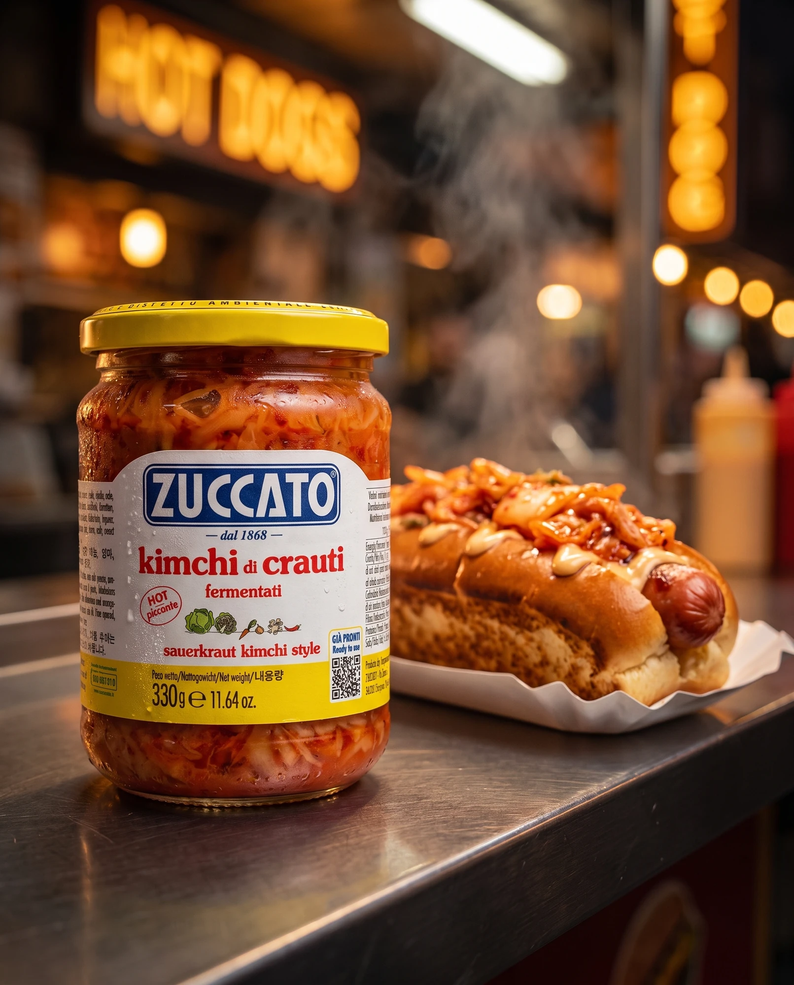 Jar of Zuccato Kimchi di crauti beside a dressed hot dog at a street food stall