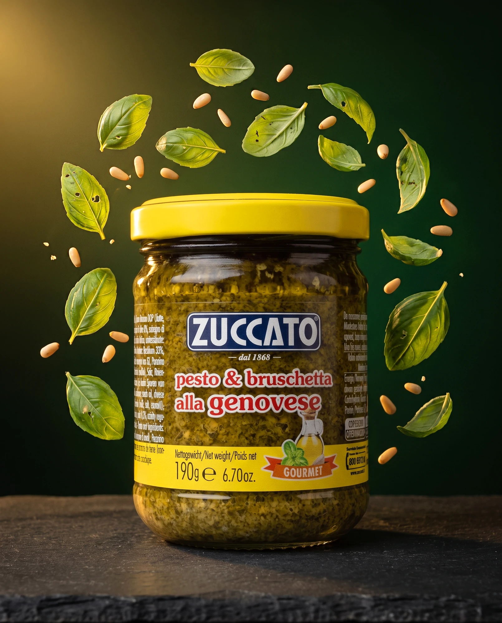 Jar of Zuccato Pesto e bruschetta alla genovese surrounded by floating basil leaves and pine nuts
