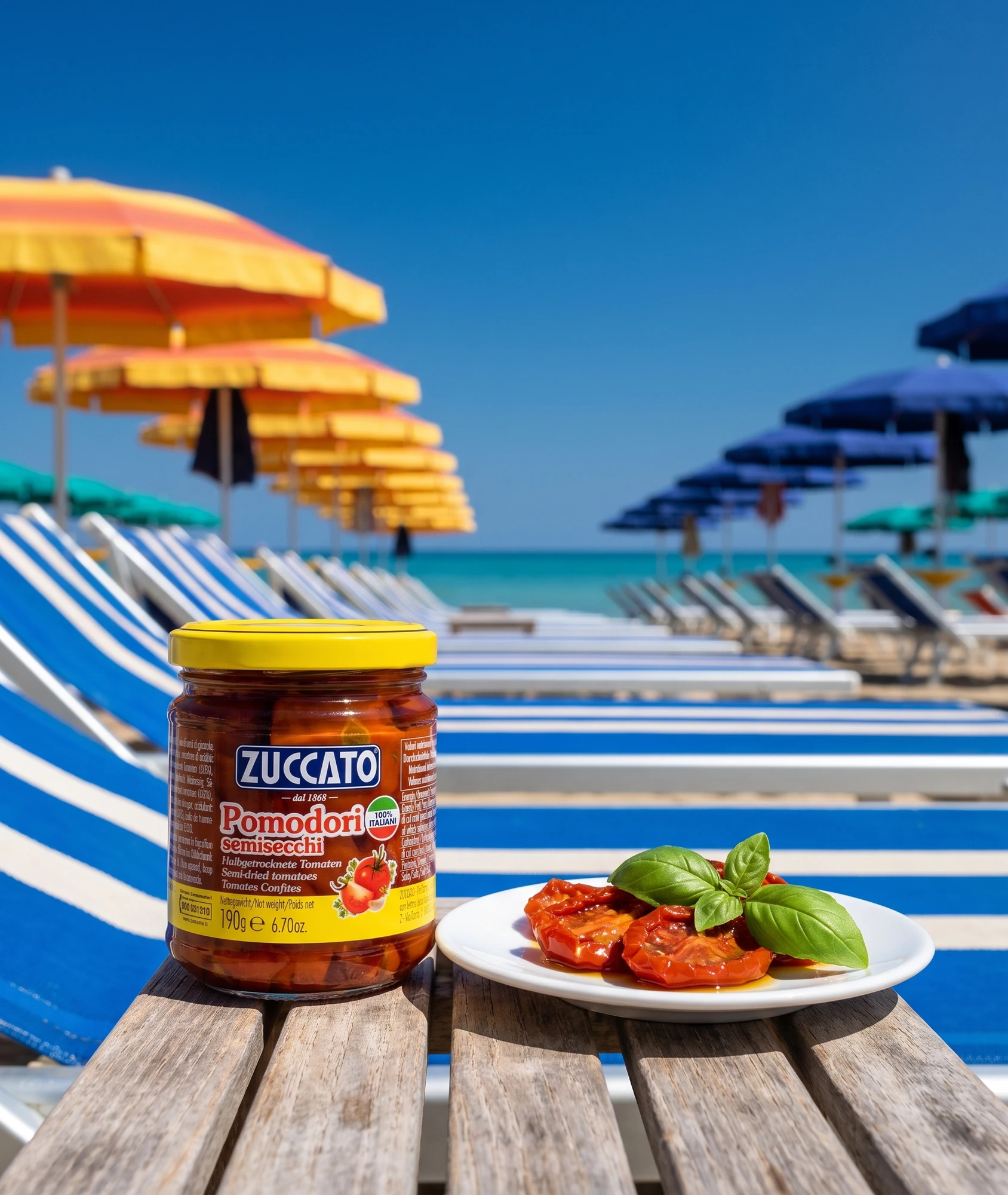 Jar of Zuccato Pomodori semisecchi on a small wooden table with a plate of tomatoes and basil on the beach