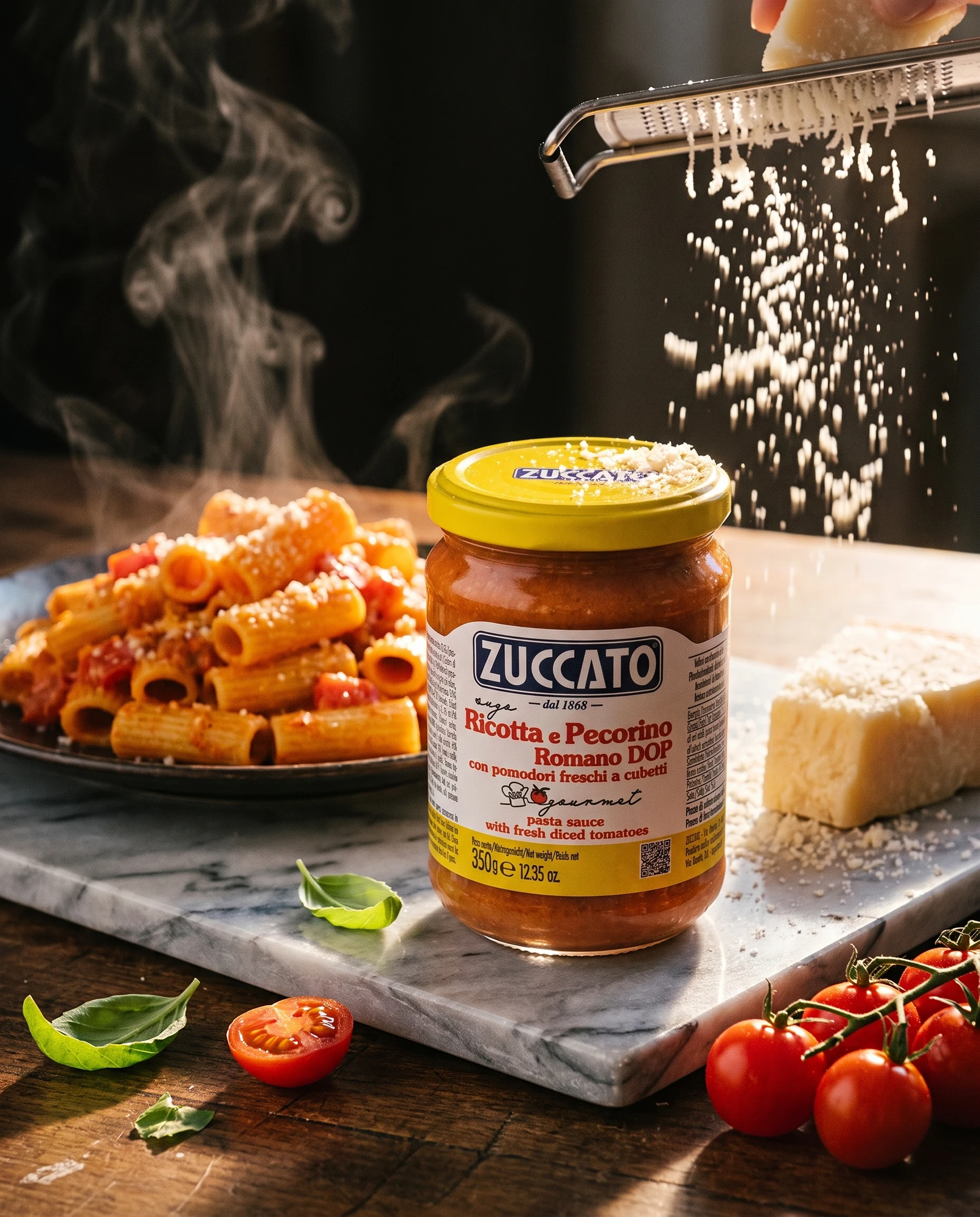 Jar of Zuccato Sugo ricotta e pecorino romano DOP with a plate of steaming rigatoni and grated cheese