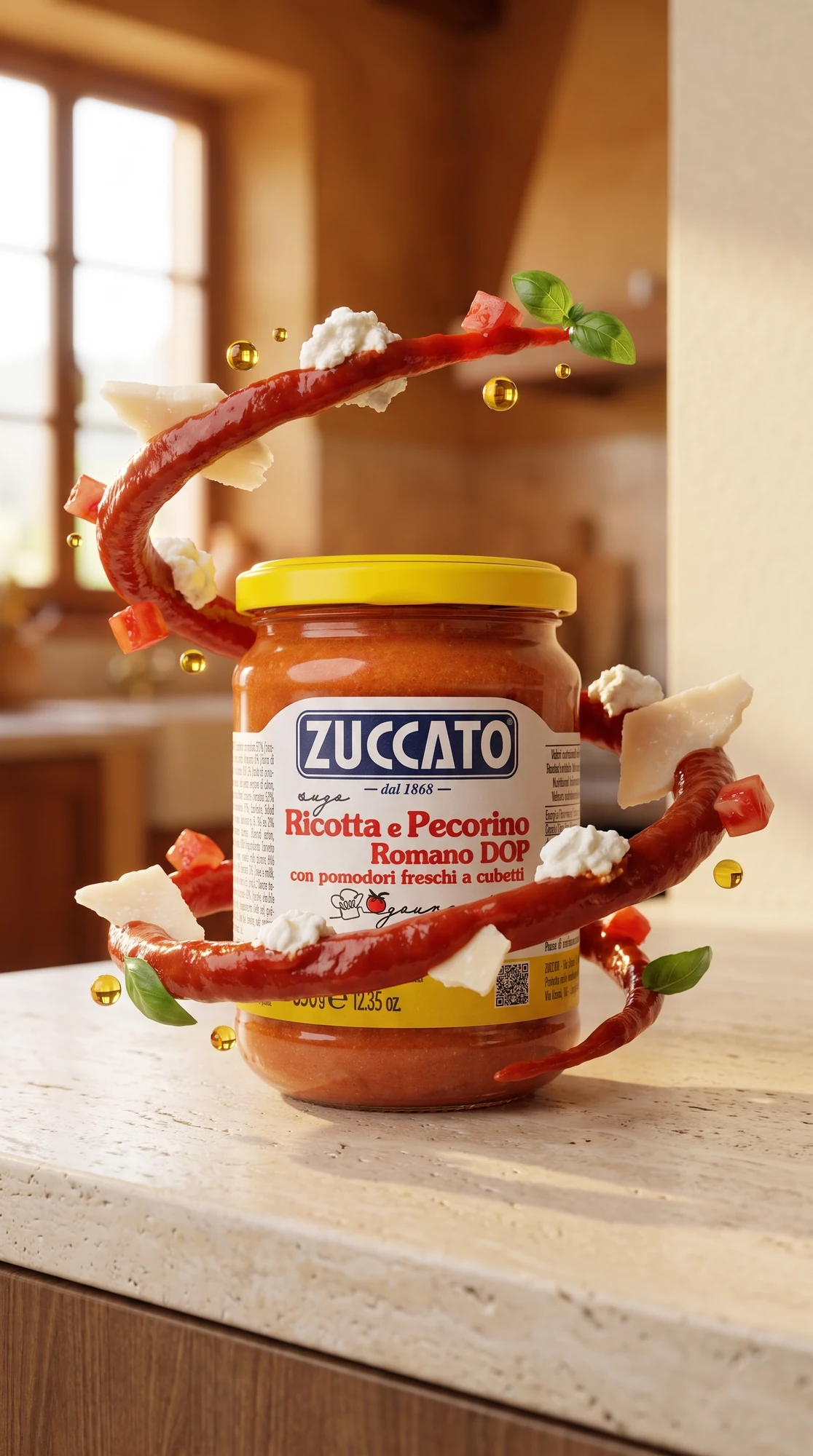Jar of Zuccato Sugo ricotta e pecorino romano DOP surrounded by a spiral of chilli, pecorino shavings and ricotta