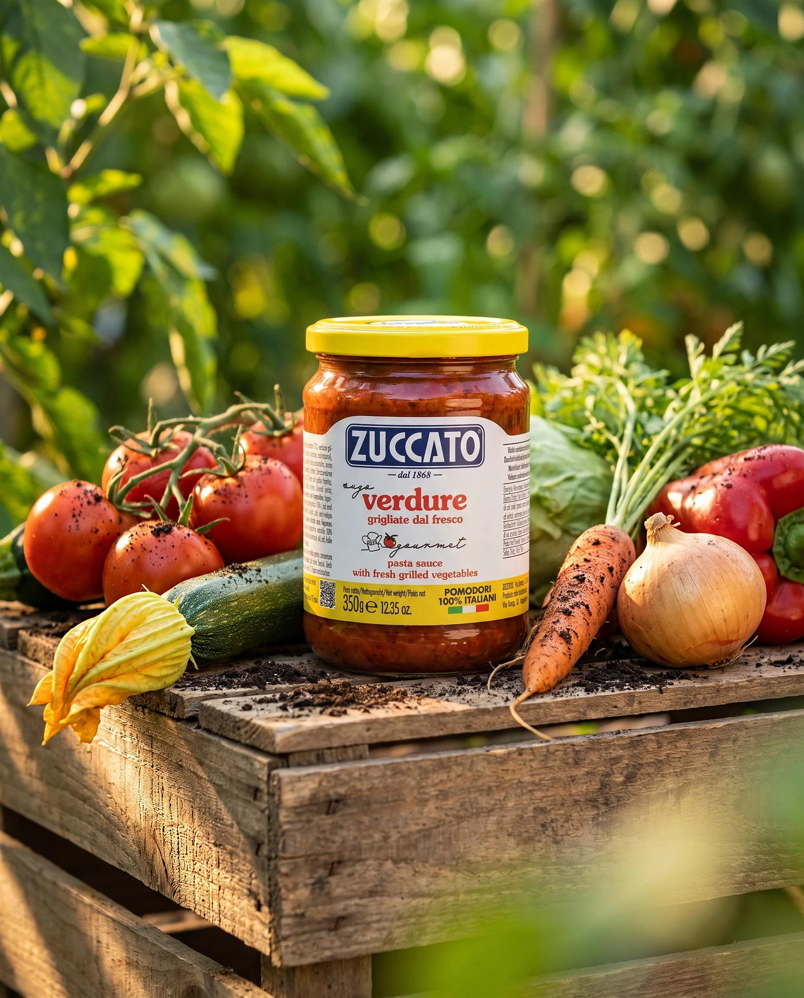 Jar of Zuccato Sugo con verdure grigliate on a wooden crate with tomatoes, courgettes, a carrot and an onion